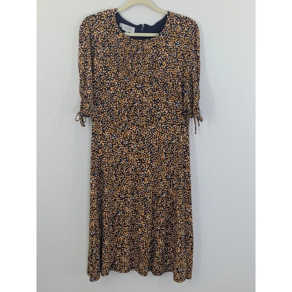 Hobbs Long Midi Samantha Dress Half Sleeve Full Pattern UK14 US M Orange Navy